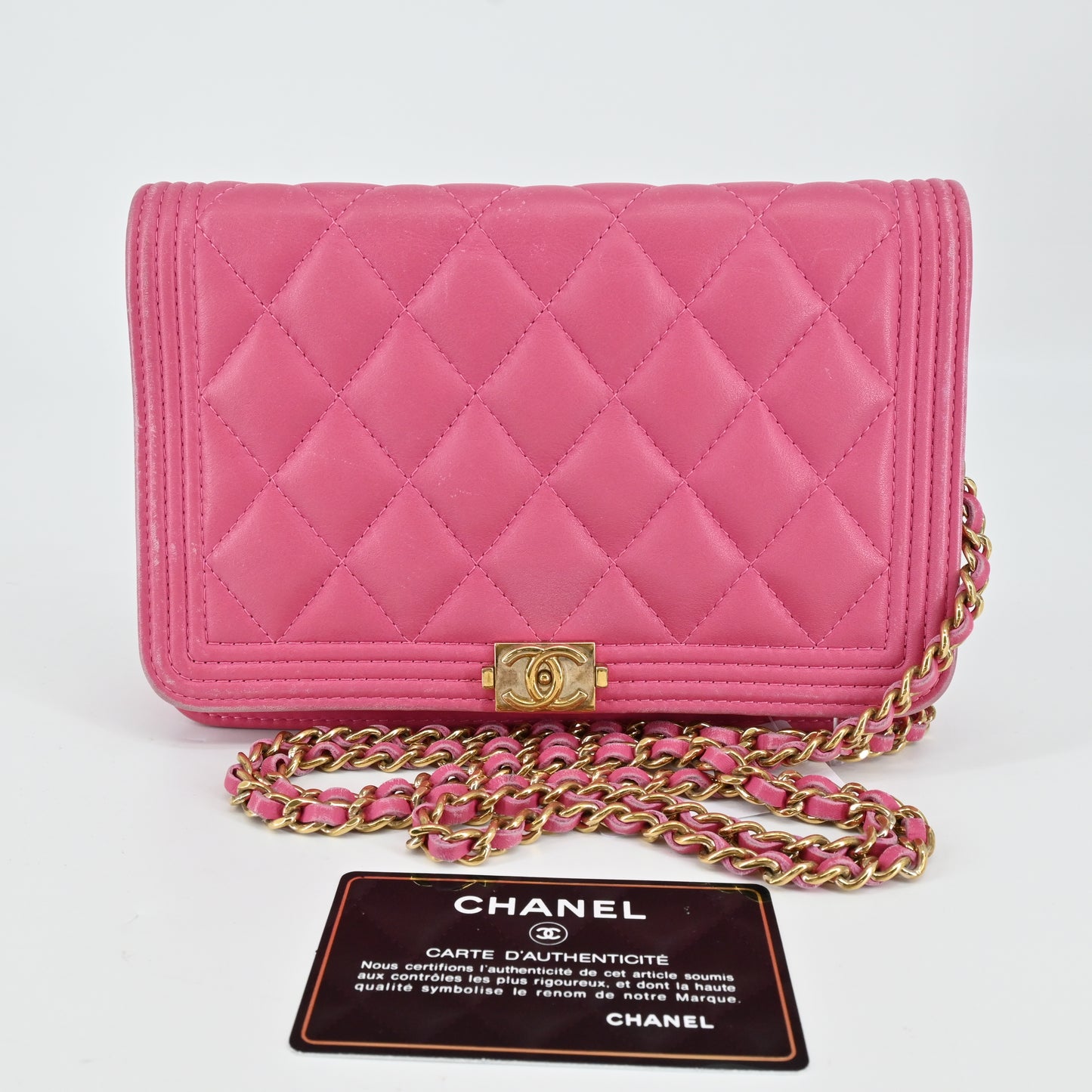 Leather Boy Chanel Chain Wallet Pink G Metal Fittings 24th Series