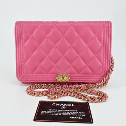 Leather Boy Chanel Chain Wallet Pink G Metal Fittings 24th Series