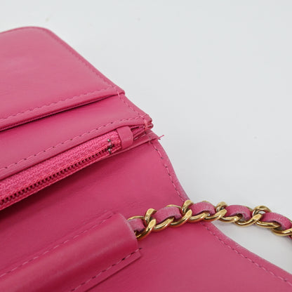 Leather Boy Chanel Chain Wallet Pink G Metal Fittings 24th Series