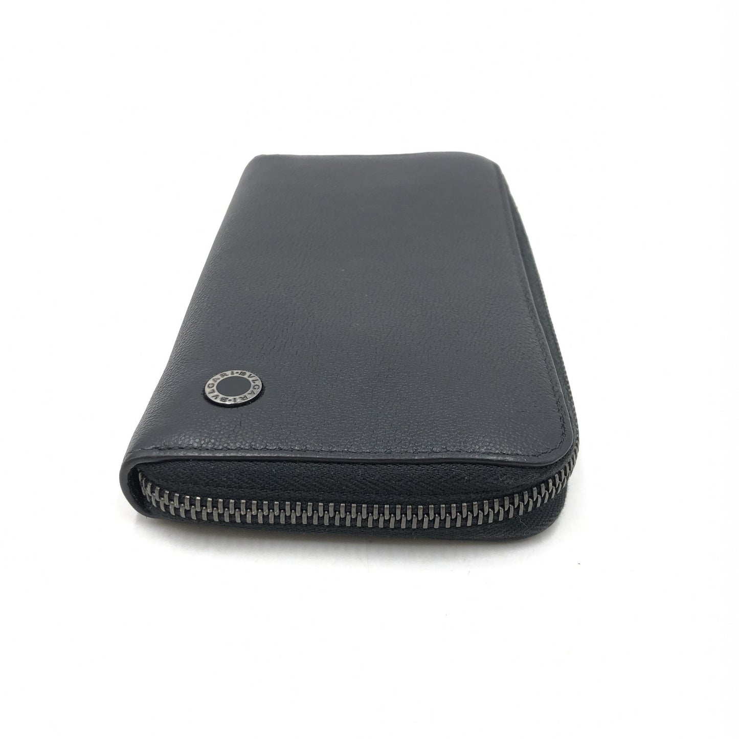 Bulgari Black Leather Circle Logo Long Zip Wallet