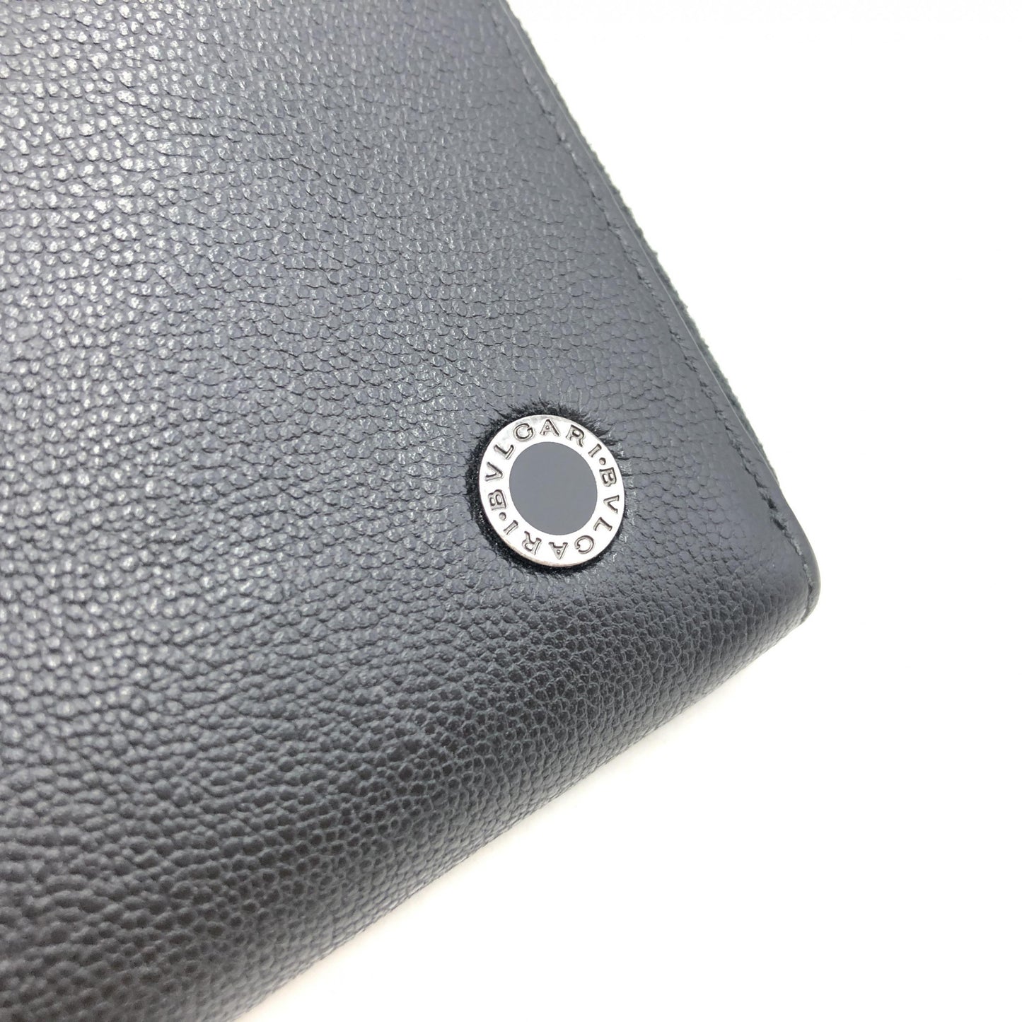 Bulgari Black Leather Circle Logo Long Zip Wallet