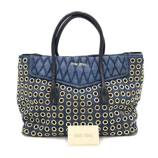 Miu Miu Perforated Studs Denim Tote Bag