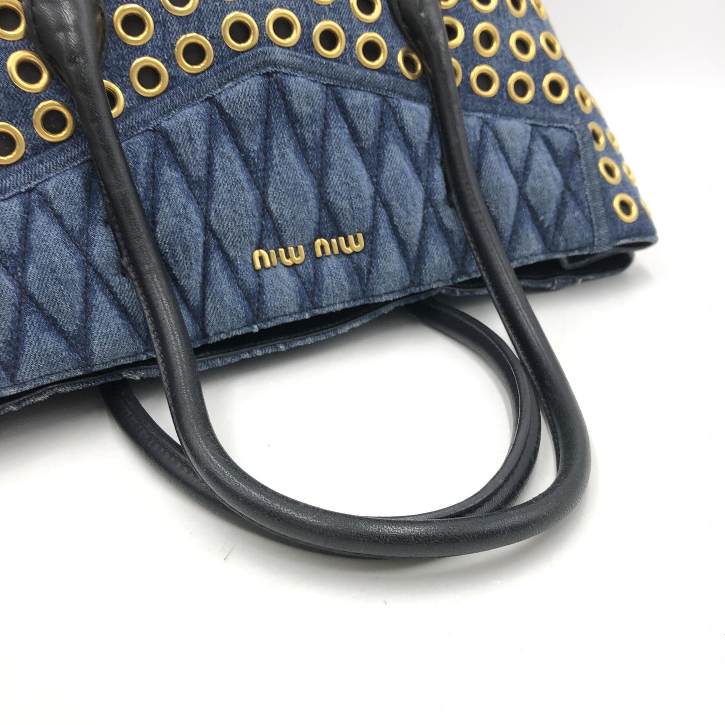 Miu Miu Perforated Studs Denim Tote Bag