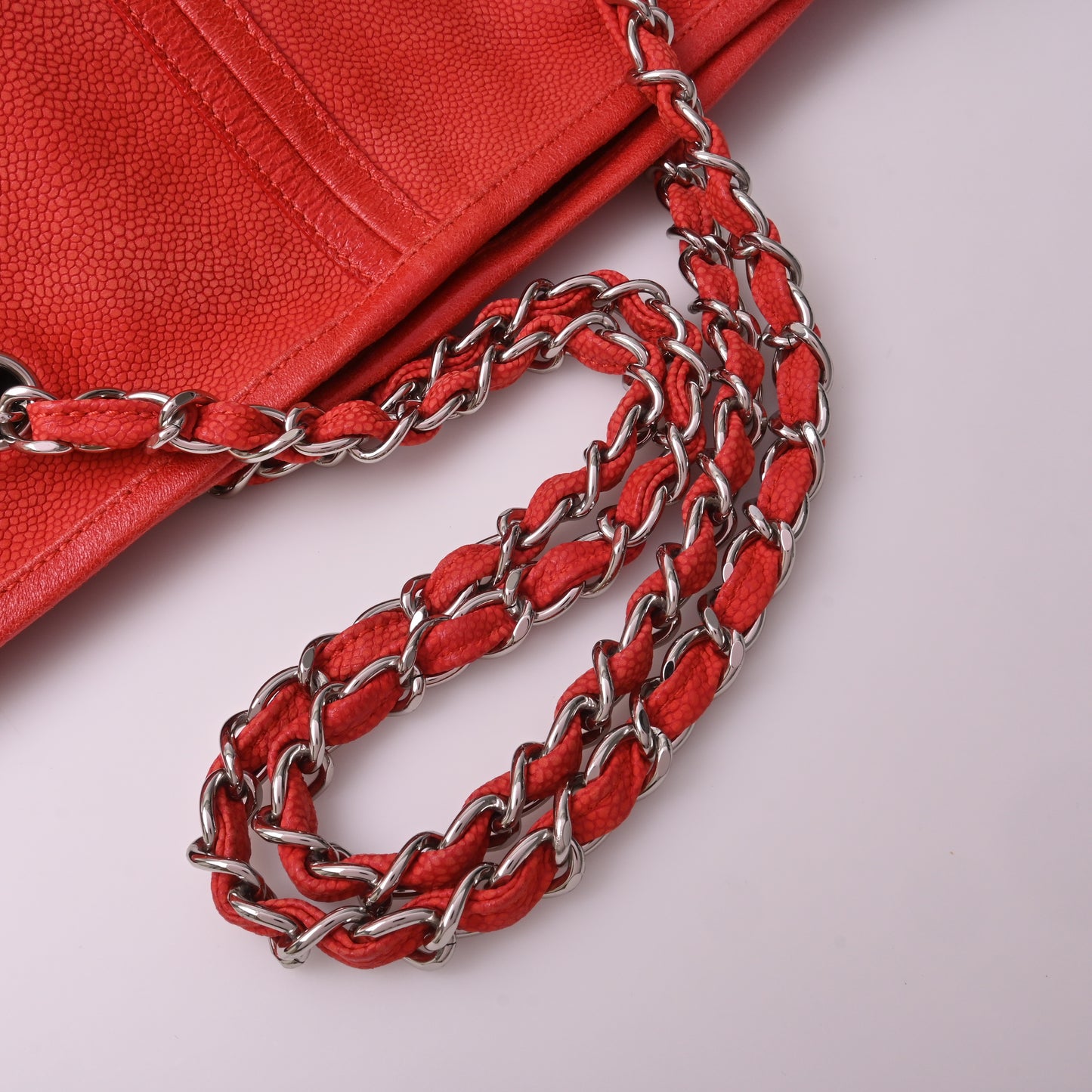 Caviar skin chain tote, red, silver hardware, 12th series