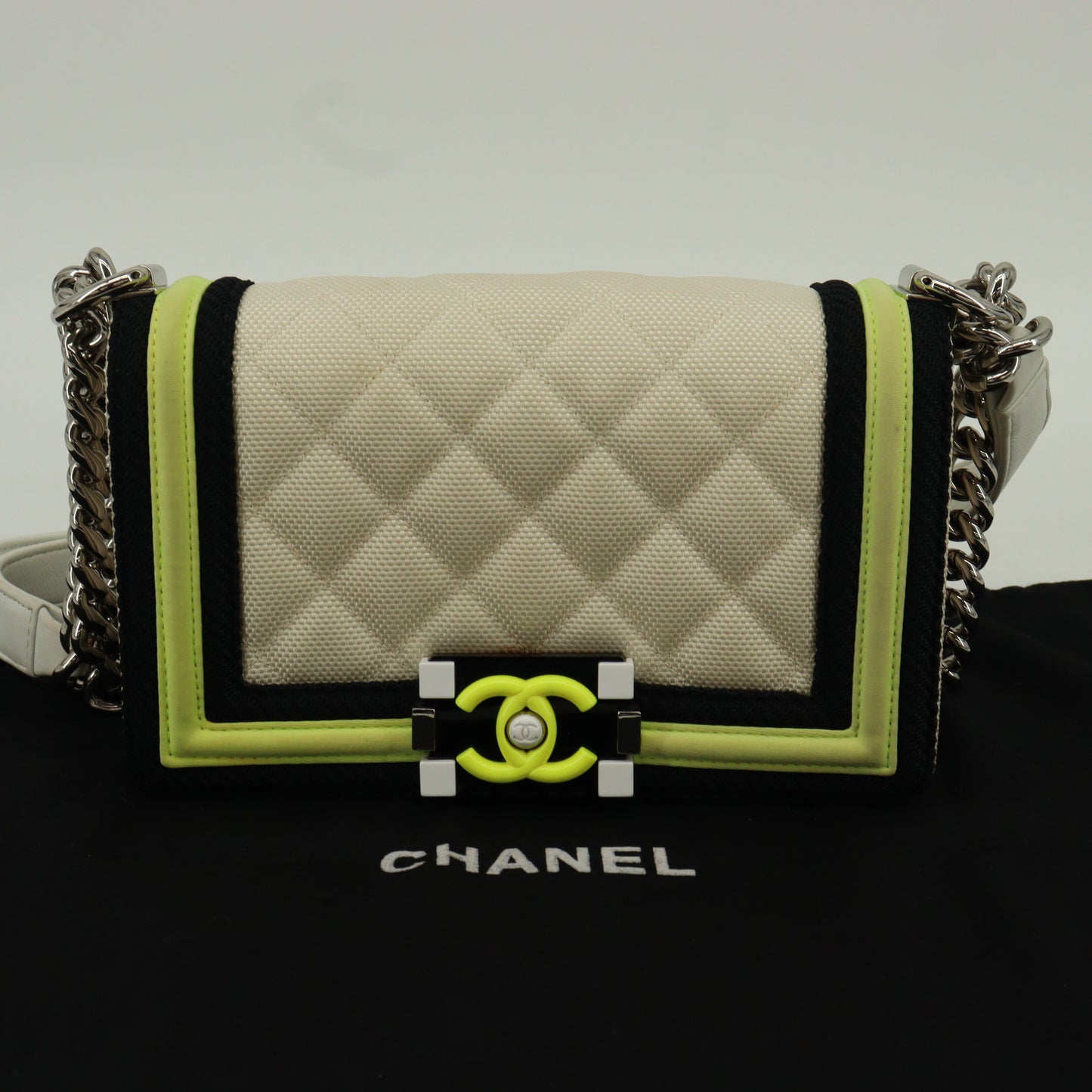 Boy Chanel Nylon Chain Shoulder Bag White Silver Hardware 21 Series