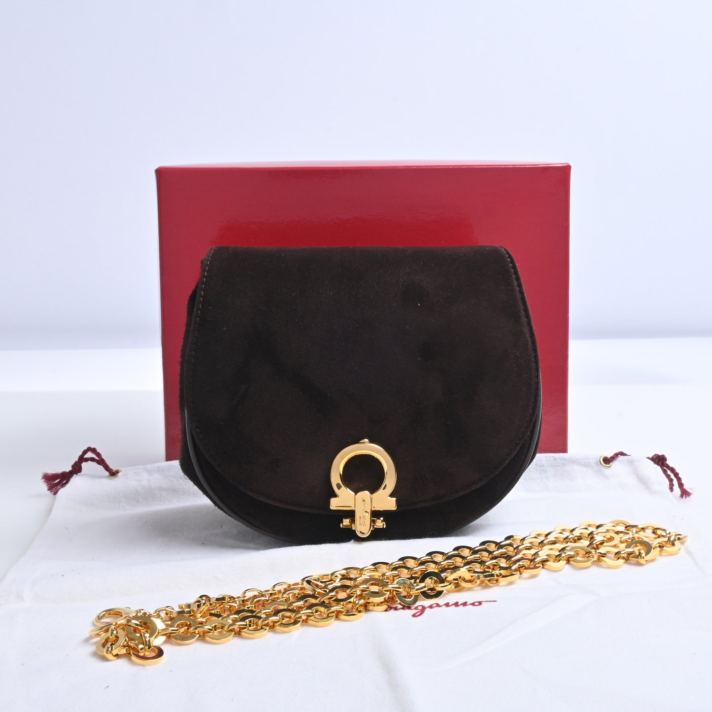 Gancini Suede Chain Shoulder Bag Brown