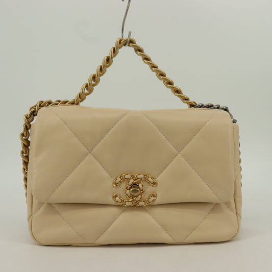 Lambskin Chanel 19 Chain Shoulder Bag Beige Multi-Metal Fittings 28 Series