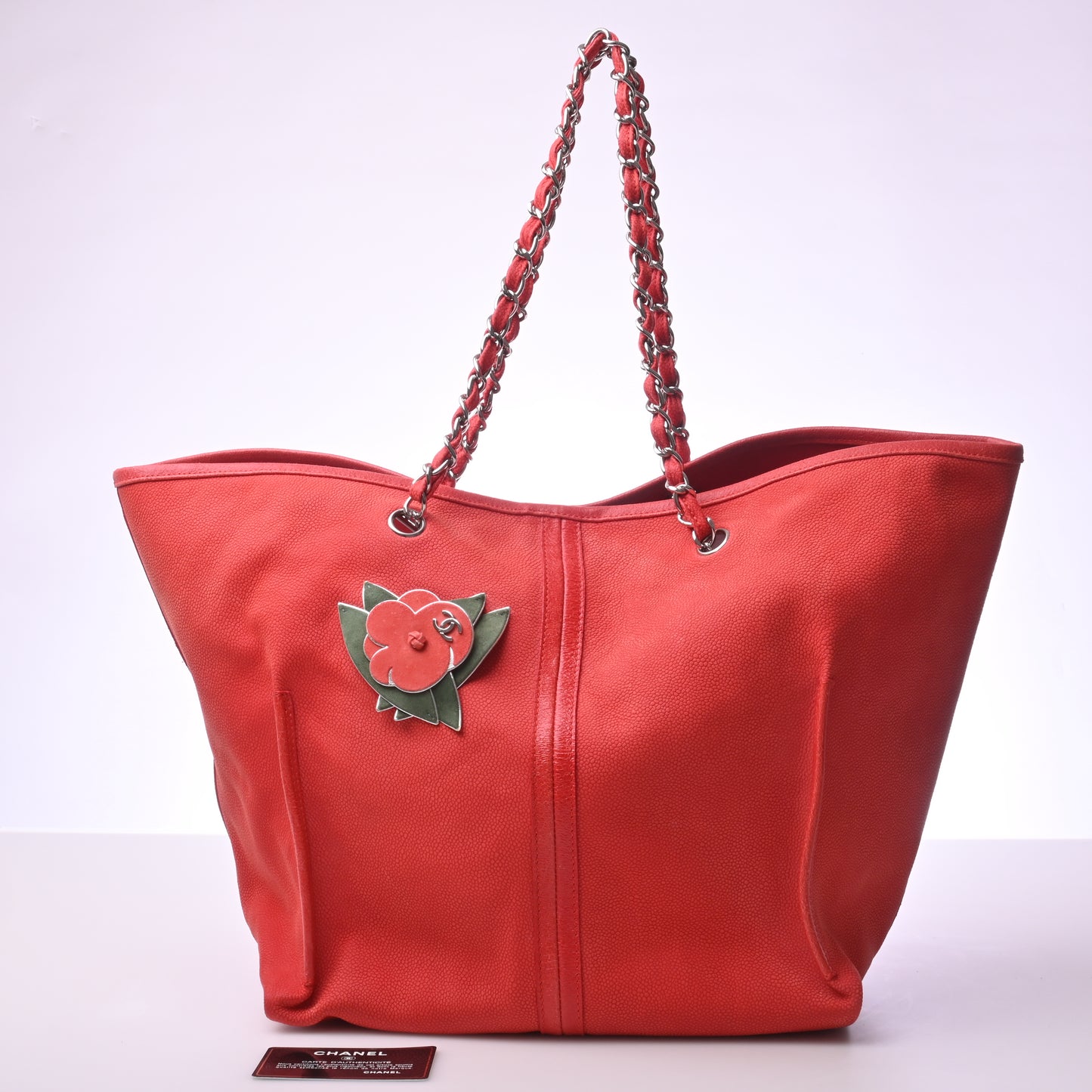 Caviar skin chain tote, red, silver hardware, 12th series