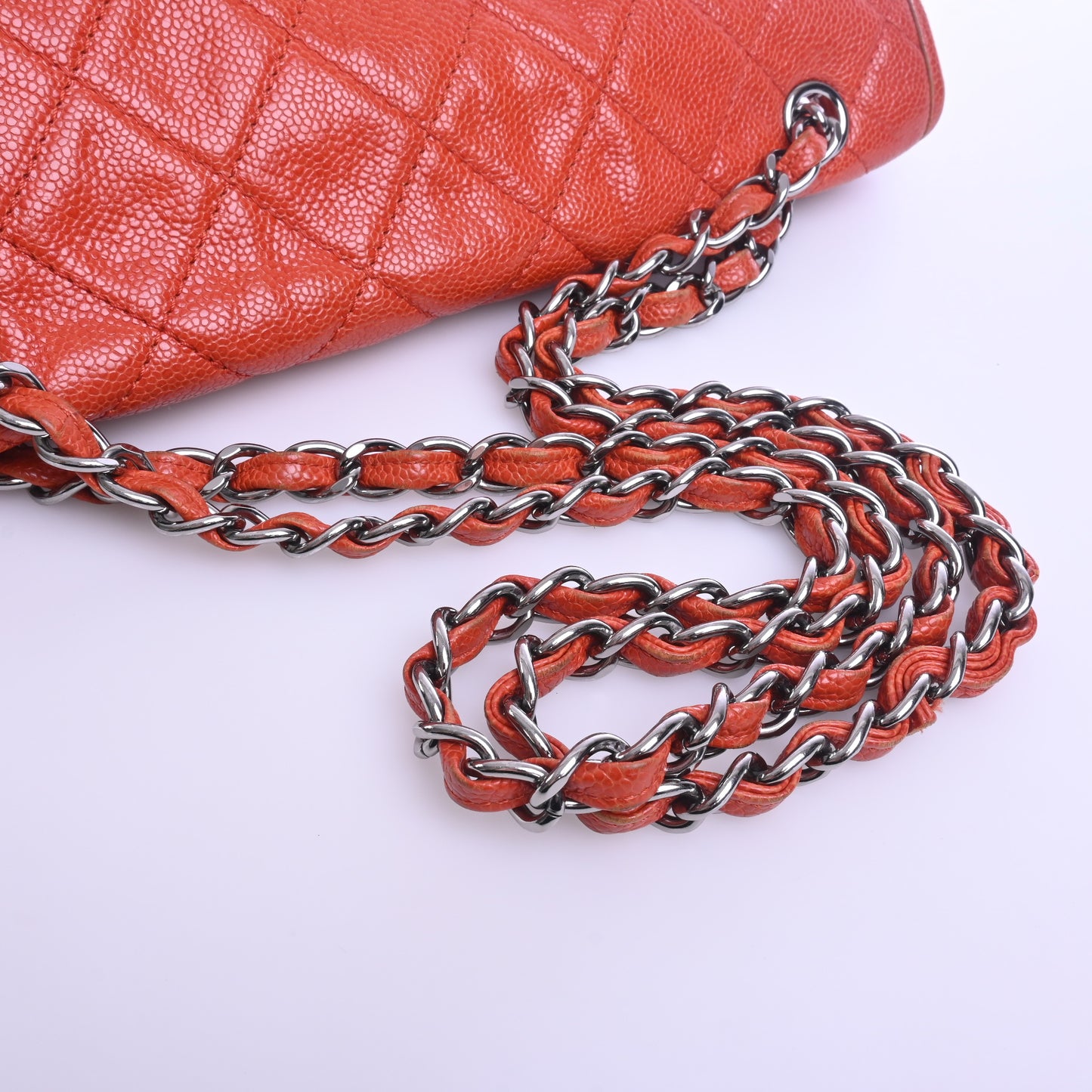 Leather chain shoulder bag, red, silver hardware, 20 series