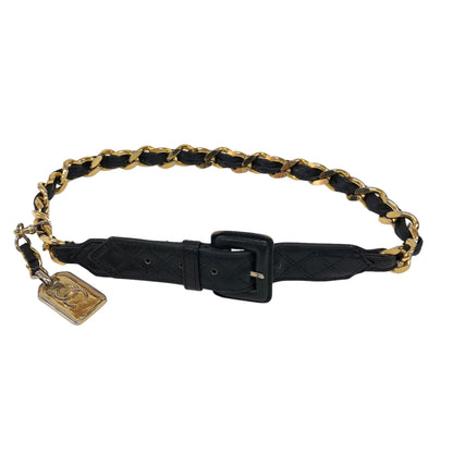 Gold Chain Black Leather Belt